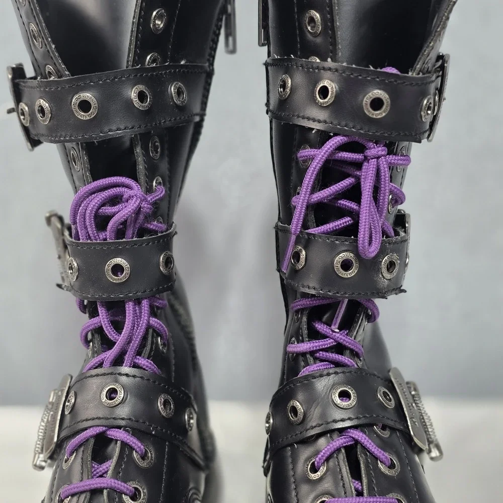Demonia Black Leather Combat Boots - Side Zip - US 9 mens